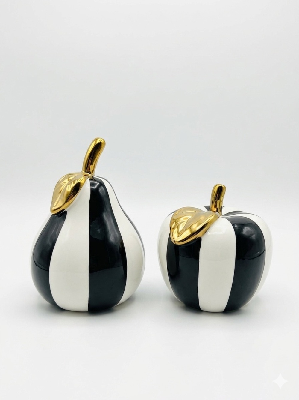 Black & White Striped Ceramic Apple & Pear Set with Gold Stems